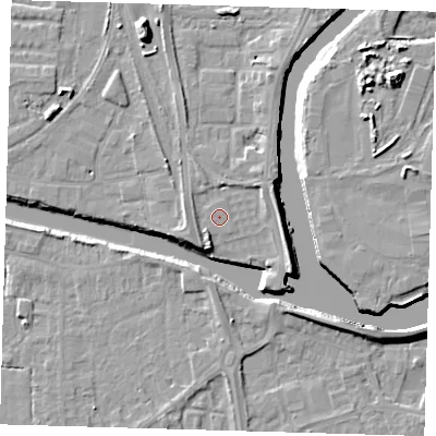Shaded relief map of the ground around PE218AH, computed from Environment Agency LiDAR. The ground here sits at about 4 m above sea level and falls 11 m across the surrounding 800 m. Surface water reaching this point runs off ground lying to the south-south-west, 1.7 m higher.