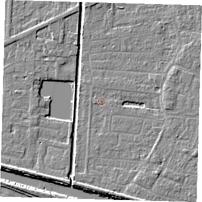 Shaded relief map of the ground around PE218AJ, computed from Environment Agency LiDAR. The ground here sits at about 2 m above sea level and falls 6 m across the surrounding 800 m. Surface water reaching this point runs off ground lying to the south, 4.1 m higher.