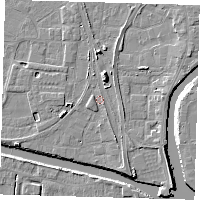 Shaded relief map of the ground around PE218AL, computed from Environment Agency LiDAR. The ground here sits at about 4 m above sea level and falls 11 m across the surrounding 800 m. Surface water reaching this point runs off ground lying to the west-south-west, 1.4 m higher.