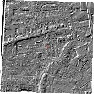 Shaded relief map of the ground around PE218AN, computed from Environment Agency LiDAR. The ground here sits at about 2 m above sea level and falls 5 m across the surrounding 800 m. Surface water reaching this point runs off ground lying to the east-south-east, 2.3 m higher.
