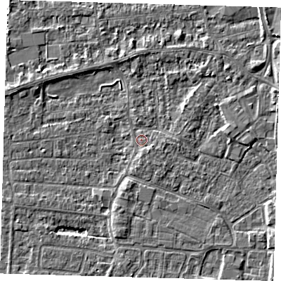 Shaded relief map of the ground around PE218AP, computed from Environment Agency LiDAR. The ground here sits at about 2 m above sea level and falls 4 m across the surrounding 800 m. Surface water reaching this point runs off ground lying to the south-west, 0.7 m higher.