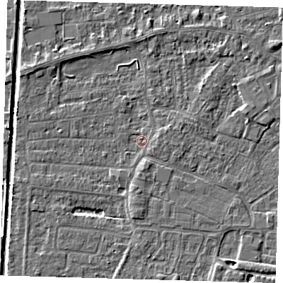 Shaded relief map of the ground around PE218AR, computed from Environment Agency LiDAR. The ground here sits at about 2 m above sea level and falls 4 m across the surrounding 800 m. Surface water reaching this point runs off ground lying to the east-north-east, 2.2 m higher.