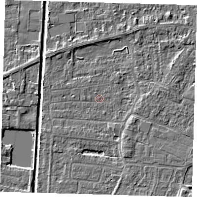 Shaded relief map of the ground around PE218AS, computed from Environment Agency LiDAR. The ground here sits at about 2 m above sea level and falls 4 m across the surrounding 800 m. Surface water reaching this point runs off ground lying to the east-north-east, 2.2 m higher.