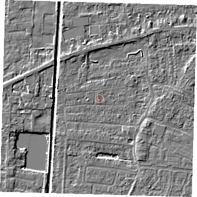 Shaded relief map of the ground around PE218AT, computed from Environment Agency LiDAR. The ground here sits at about 2 m above sea level and falls 4 m across the surrounding 800 m. Surface water reaching this point runs off ground lying to the south-east, 2.0 m higher.