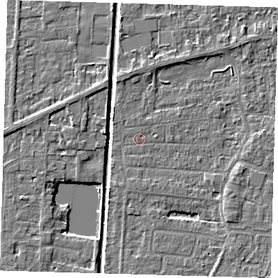 Shaded relief map of the ground around PE218AU, computed from Environment Agency LiDAR. The ground here sits at about 2 m above sea level and falls 4 m across the surrounding 800 m. Surface water reaching this point runs off ground lying to the east-south-east, 2.0 m higher.