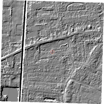 Shaded relief map of the ground around PE218AW, computed from Environment Agency LiDAR. The ground here sits at about 2 m above sea level and falls 4 m across the surrounding 800 m. Surface water reaching this point runs off ground lying to the east-north-east, 1.1 m higher.