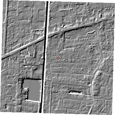 Shaded relief map of the ground around PE218AY, computed from Environment Agency LiDAR. The ground here sits at about 2 m above sea level and falls 4 m across the surrounding 800 m. The ground contributing surface water to this point lies to the north.