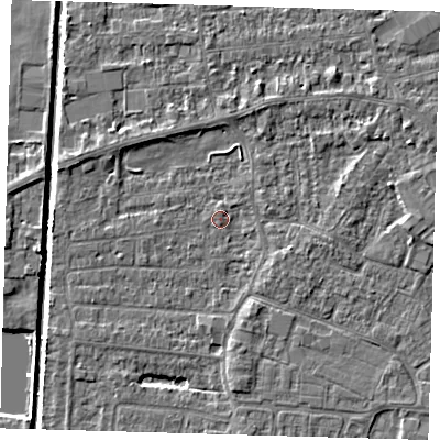 Shaded relief map of the ground around PE218BA, computed from Environment Agency LiDAR. The ground here sits at about 2 m above sea level and falls 4 m across the surrounding 800 m. Surface water reaching this point runs off ground lying to the east-north-east, 2.3 m higher.