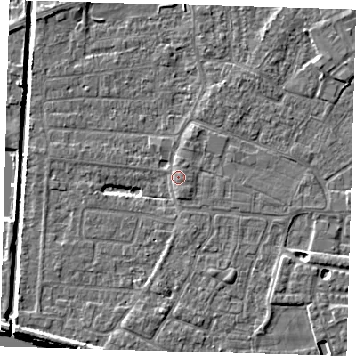 Shaded relief map of the ground around PE218BB, computed from Environment Agency LiDAR. The ground here sits at about 3 m above sea level and falls 5 m across the surrounding 800 m. Surface water reaching this point runs off ground lying to the south-south-east, 2.7 m higher.