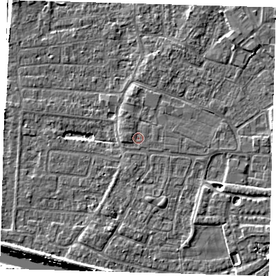 Shaded relief map of the ground around PE218BD, computed from Environment Agency LiDAR. The ground here sits at about 3 m above sea level and falls 6 m across the surrounding 800 m. Surface water reaching this point runs off ground lying to the north-west, 0.7 m higher.