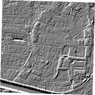 Shaded relief map of the ground around PE218BE, computed from Environment Agency LiDAR. The ground here sits at about 3 m above sea level and falls 7 m across the surrounding 800 m. Surface water reaching this point runs off ground lying to the south-east, 3.1 m higher.