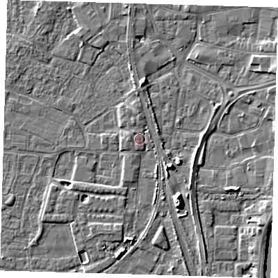 Shaded relief map of the ground around PE218BF, computed from Environment Agency LiDAR. The ground here sits at about 4 m above sea level and falls 11 m across the surrounding 800 m. Surface water reaching this point runs off ground lying to the west, 0.6 m higher.