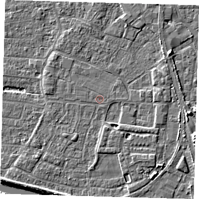 Shaded relief map of the ground around PE218BG, computed from Environment Agency LiDAR. The ground here sits at about 3 m above sea level and falls 11 m across the surrounding 800 m. Surface water reaching this point runs off ground lying to the east-south-east, 8.7 m higher.
