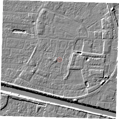 Shaded relief map of the ground around PE218BH, computed from Environment Agency LiDAR. The ground here sits at about 3 m above sea level and falls 7 m across the surrounding 800 m. Surface water reaching this point runs off ground lying to the west-south-west, 1.0 m higher.