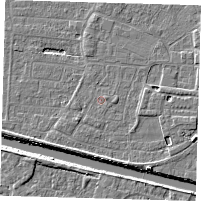 Shaded relief map of the ground around PE218BJ, computed from Environment Agency LiDAR. The ground here sits at about 3 m above sea level and falls 7 m across the surrounding 800 m. Surface water reaching this point runs off ground lying to the east-north-east, 0.8 m higher.