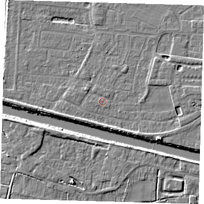 Shaded relief map of the ground around PE218BL, computed from Environment Agency LiDAR. The ground here sits at about 3 m above sea level and falls 6 m across the surrounding 800 m. Surface water reaching this point runs off ground lying to the south, 3.4 m higher.