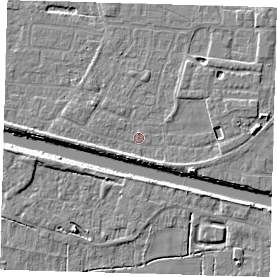 Shaded relief map of the ground around PE218BN, computed from Environment Agency LiDAR. The ground here sits at about 3 m above sea level and falls 7 m across the surrounding 800 m. Surface water reaching this point runs off ground lying to the south-west, 3.4 m higher.