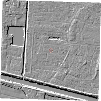 Shaded relief map of the ground around PE218BP, computed from Environment Agency LiDAR. The ground here sits at about 2 m above sea level and falls 6 m across the surrounding 800 m. Surface water reaching this point runs off ground lying to the south-south-west, 3.2 m higher.