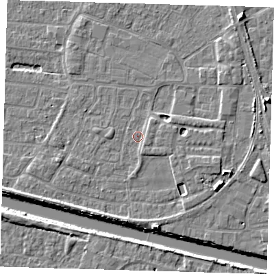 Shaded relief map of the ground around PE218BQ, computed from Environment Agency LiDAR. The ground here sits at about 3 m above sea level and falls 9 m across the surrounding 800 m. Surface water reaching this point runs off ground lying to the south-east, 1.1 m higher.