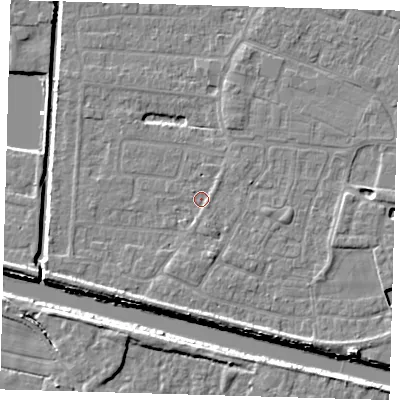 Shaded relief map of the ground around PE218BT, computed from Environment Agency LiDAR. The ground here sits at about 2 m above sea level and falls 6 m across the surrounding 800 m. Surface water reaching this point runs off ground lying to the south-south-east, 2.9 m higher.