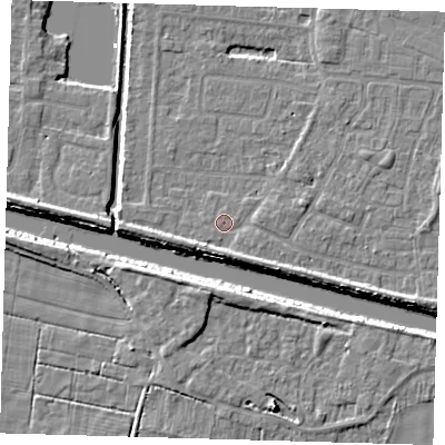 Shaded relief map of the ground around PE218BX, computed from Environment Agency LiDAR. The ground here sits at about 3 m above sea level and falls 6 m across the surrounding 800 m. Surface water reaching this point runs off ground lying to the south-south-east, 2.3 m higher.