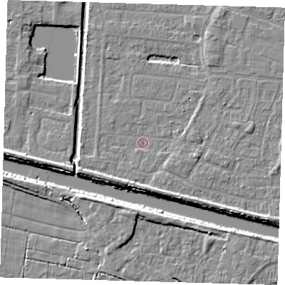 Shaded relief map of the ground around PE218BY, computed from Environment Agency LiDAR. The ground here sits at about 2 m above sea level and falls 6 m across the surrounding 800 m. Surface water reaching this point runs off ground lying to the south-south-east, 3.1 m higher.