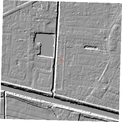 Shaded relief map of the ground around PE218BZ, computed from Environment Agency LiDAR. The ground here sits at about 2 m above sea level and falls 6 m across the surrounding 800 m. Surface water reaching this point runs off ground lying to the south-south-east, 4.1 m higher.