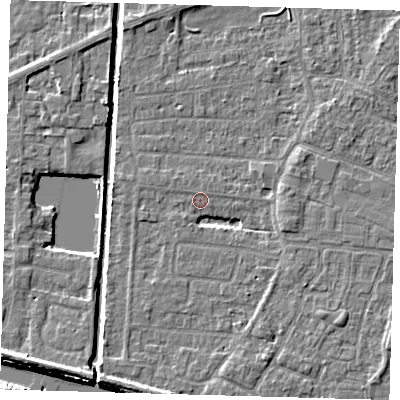 Shaded relief map of the ground around PE218DA, computed from Environment Agency LiDAR. The ground here sits at about 2 m above sea level and falls 6 m across the surrounding 800 m. Surface water reaching this point runs off ground lying to the south-west, 2.1 m higher.