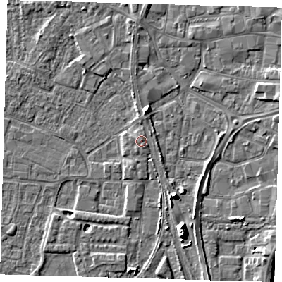Shaded relief map of the ground around PE218DB, computed from Environment Agency LiDAR. The ground here sits at about 4 m above sea level and falls 11 m across the surrounding 800 m. Surface water reaching this point runs off ground lying to the south-east, 0.8 m higher.