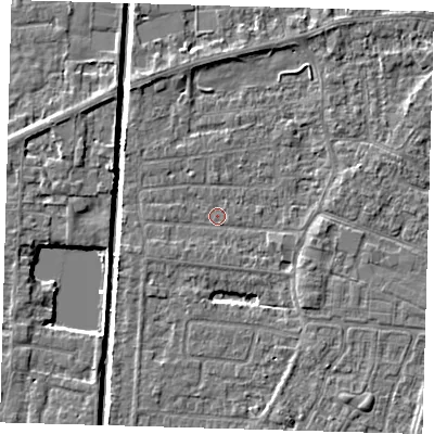 Shaded relief map of the ground around PE218DE, computed from Environment Agency LiDAR. The ground here sits at about 2 m above sea level and falls 4 m across the surrounding 800 m. Surface water reaching this point runs off ground lying to the east-south-east, 1.8 m higher.