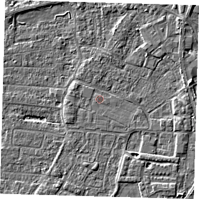Shaded relief map of the ground around PE218DF, computed from Environment Agency LiDAR. The ground here sits at about 3 m above sea level and falls 6 m across the surrounding 800 m. Surface water reaching this point runs off ground lying to the east, 4.0 m higher.