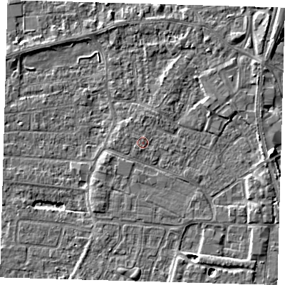 Shaded relief map of the ground around PE218DG, computed from Environment Agency LiDAR. The ground here sits at about 3 m above sea level and falls 6 m across the surrounding 800 m. The ground contributing surface water to this point lies to the north-north-east.
