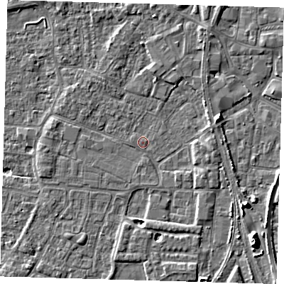 Shaded relief map of the ground around PE218DH, computed from Environment Agency LiDAR. The ground here sits at about 3 m above sea level and falls 10 m across the surrounding 800 m. Surface water reaching this point runs off ground lying to the east-north-east, 3.9 m higher.