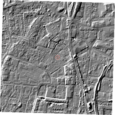 Shaded relief map of the ground around PE218DL, computed from Environment Agency LiDAR. The ground here sits at about 2 m above sea level and falls 9 m across the surrounding 800 m. Surface water reaching this point runs off ground lying to the east, 3.7 m higher.