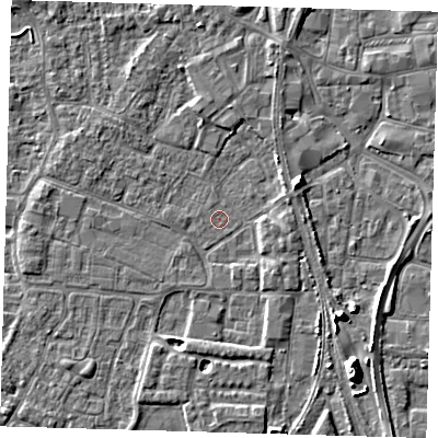 Shaded relief map of the ground around PE218DN, computed from Environment Agency LiDAR. The ground here sits at about 2 m above sea level and falls 9 m across the surrounding 800 m. Surface water reaching this point runs off ground lying to the east-north-east, 3.8 m higher.