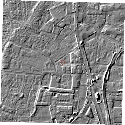 Shaded relief map of the ground around PE218DP, computed from Environment Agency LiDAR. The ground here sits at about 2 m above sea level and falls 9 m across the surrounding 800 m. Surface water reaching this point runs off ground lying to the east-north-east, 2.2 m higher.