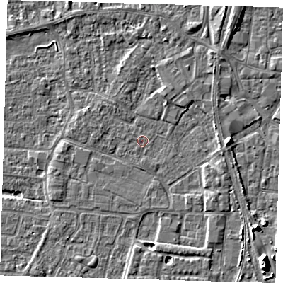 Shaded relief map of the ground around PE218DQ, computed from Environment Agency LiDAR. The ground here sits at about 2 m above sea level and falls 10 m across the surrounding 800 m. Surface water reaching this point runs off ground lying to the west, 0.6 m higher.