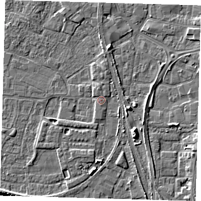 Shaded relief map of the ground around PE218DR, computed from Environment Agency LiDAR. The ground here sits at about 4 m above sea level and falls 11 m across the surrounding 800 m. Surface water reaching this point runs off ground lying to the north, 1.1 m higher.