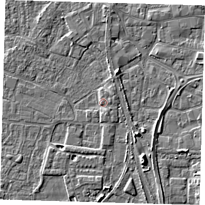 Shaded relief map of the ground around PE218DS, computed from Environment Agency LiDAR. The ground here sits at about 4 m above sea level and falls 9 m across the surrounding 800 m. Surface water reaching this point runs off ground lying to the east, 1.7 m higher.