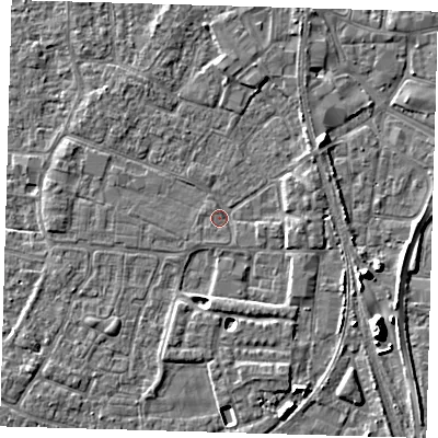 Shaded relief map of the ground around PE218DT, computed from Environment Agency LiDAR. The ground here sits at about 3 m above sea level and falls 9 m across the surrounding 800 m. Surface water reaching this point runs off ground lying to the east-north-east, 2.2 m higher.