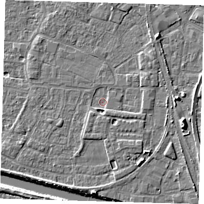 Shaded relief map of the ground around PE218DU, computed from Environment Agency LiDAR. The ground here sits at about 2 m above sea level and falls 11 m across the surrounding 800 m. Surface water reaching this point runs off ground lying to the south-east, 1.7 m higher.