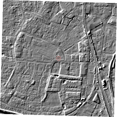 Shaded relief map of the ground around PE218DW, computed from Environment Agency LiDAR. The ground here sits at about 3 m above sea level and falls 11 m across the surrounding 800 m. Surface water reaching this point runs off ground lying to the south, 0.6 m higher.