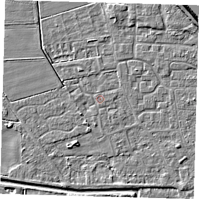 Shaded relief map of the ground around PE218DX, computed from Environment Agency LiDAR. The ground here sits at about 2 m above sea level and falls 8 m across the surrounding 800 m. Surface water reaching this point runs off ground lying to the south-west, 1.7 m higher.