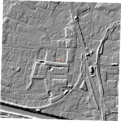 Shaded relief map of the ground around PE218DZ, computed from Environment Agency LiDAR. The ground here sits at about 3 m above sea level and falls 11 m across the surrounding 800 m. Surface water reaching this point runs off ground lying to the east, 1.6 m higher.