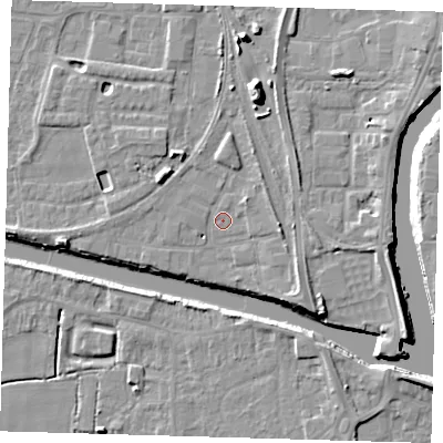 Shaded relief map of the ground around PE218EA, computed from Environment Agency LiDAR. The ground here sits at about 3 m above sea level and falls 11 m across the surrounding 800 m. Surface water reaching this point runs off ground lying to the north, 2.5 m higher.