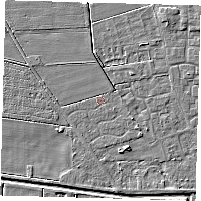 Shaded relief map of the ground around PE218EB, computed from Environment Agency LiDAR. The ground here sits at about 2 m above sea level and falls 4 m across the surrounding 800 m. Surface water reaching this point runs off ground lying to the south-south-east, 3.0 m higher.