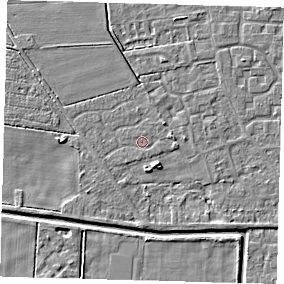 Shaded relief map of the ground around PE218ED, computed from Environment Agency LiDAR. The ground here sits at about 2 m above sea level and falls 4 m across the surrounding 800 m. Surface water reaching this point runs off ground lying to the south-south-east, 3.0 m higher.