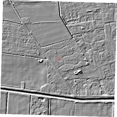 Shaded relief map of the ground around PE218EE, computed from Environment Agency LiDAR. The ground here sits at about 2 m above sea level and falls 4 m across the surrounding 800 m. Surface water reaching this point runs off ground lying to the east, 1.7 m higher.