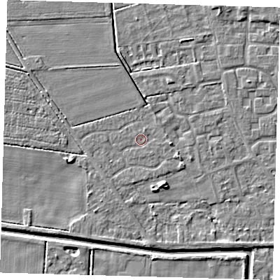 Shaded relief map of the ground around PE218EF, computed from Environment Agency LiDAR. The ground here sits at about 2 m above sea level and falls 4 m across the surrounding 800 m. Surface water reaching this point runs off ground lying to the south-south-east, 3.0 m higher.