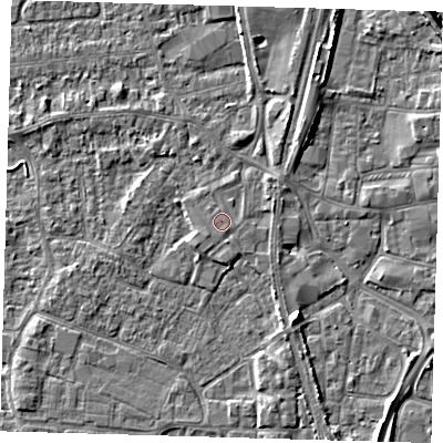Shaded relief map of the ground around PE218EG, computed from Environment Agency LiDAR. The ground here sits at about 4 m above sea level and falls 6 m across the surrounding 800 m. The ground contributing surface water to this point lies to the south-south-east.